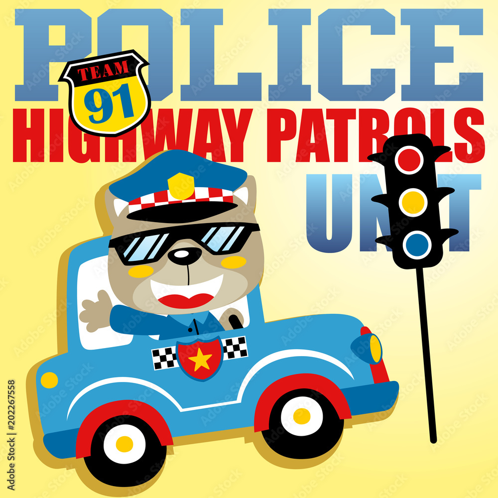 Animal police patrol with a traffic light and logo, vector cartoon illustration