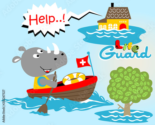 rhinoceros the lifeguard, vector cartoon illustration