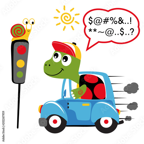 turtle driving car with snail on traffic light, vector cartoon illustration