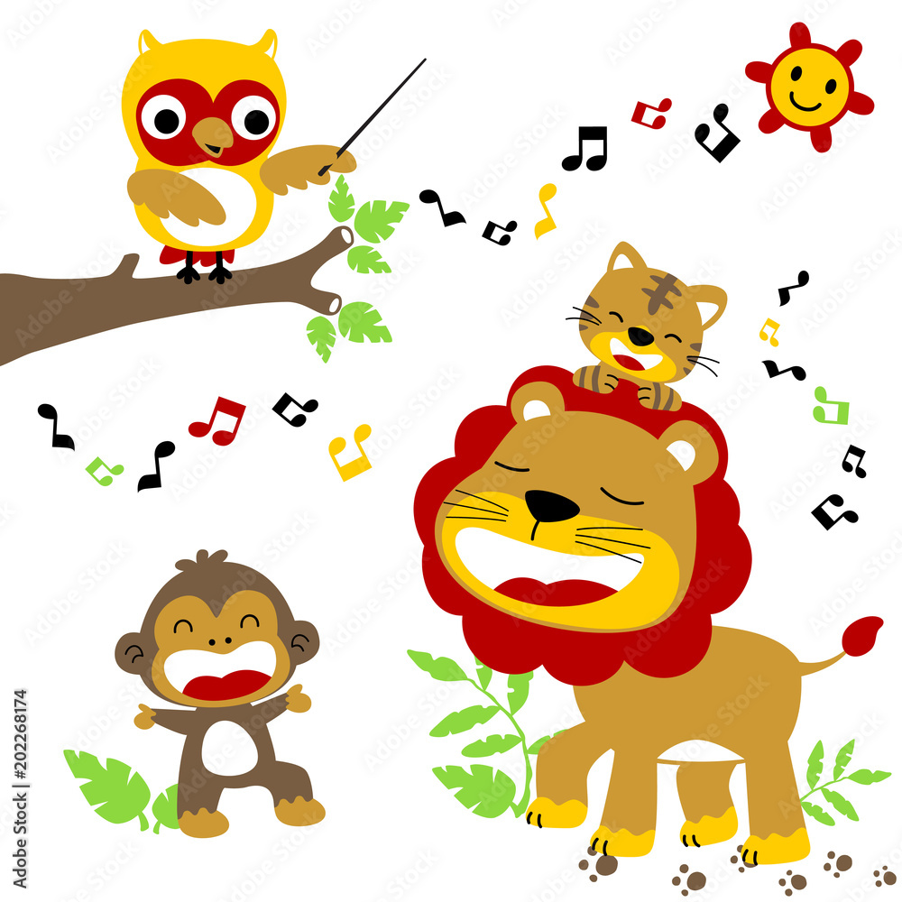 animals singing together in the jungle, lion, tiger, monkey, owl, with smiling sun,  vector cartoon illustration