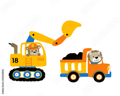 construction equipment cartoon, work zone with funny animals, vector cartoon illustration