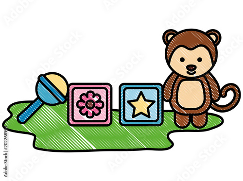 baby shower toy monkey furry cubes and rattle vector illustration drawing