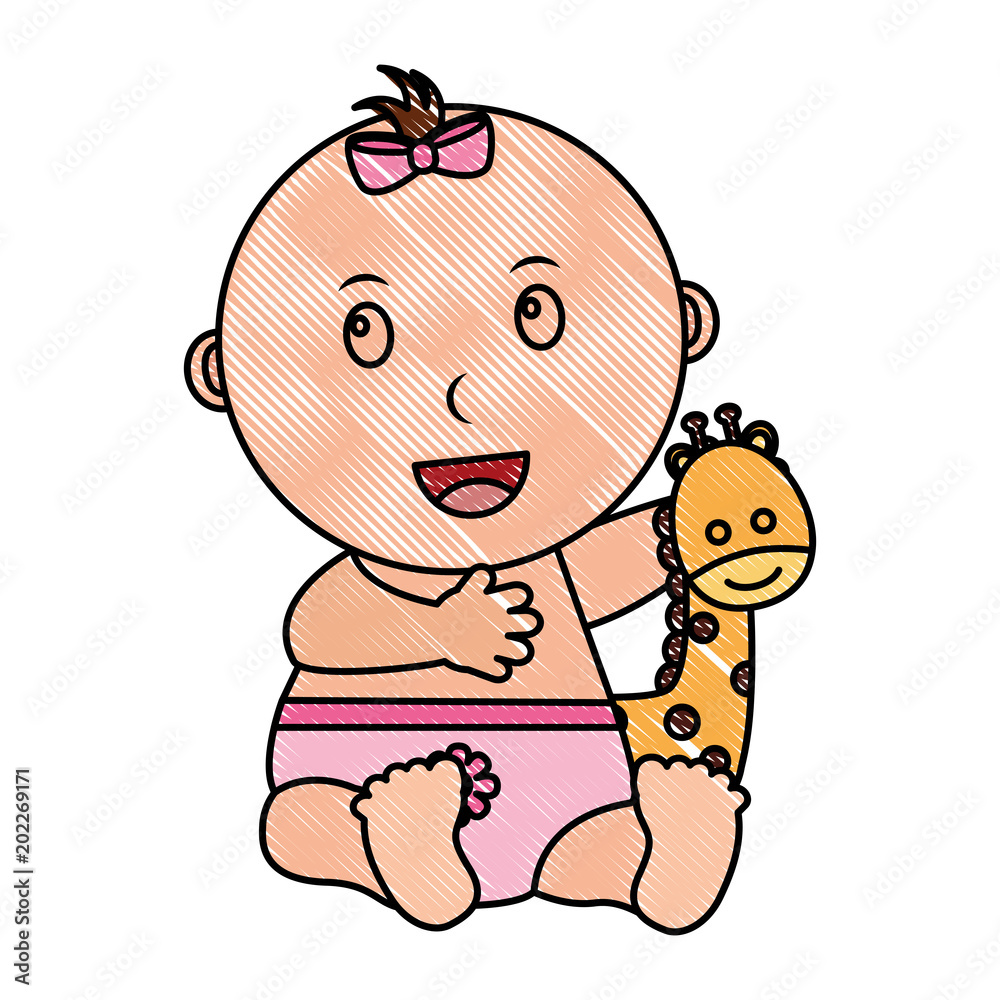 baby girl palying giraffe animal toy vector illustration drawing baby girl palying giraffe animal toy vector illustration drawing