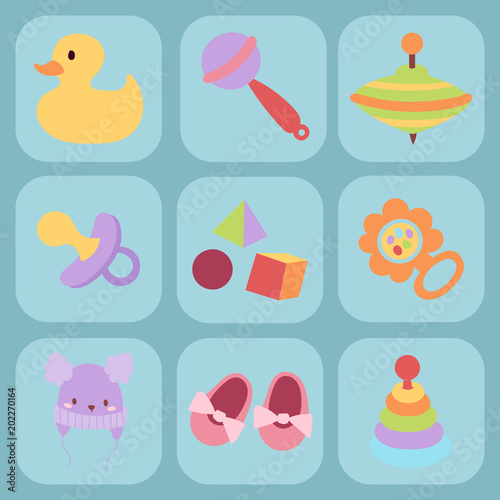 Baby toys icons cartoon family kid toyshop design cute boy and girl childhood art diaper drawing graphic love rattle fun vector illustration.