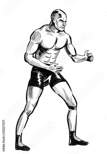Ink black and white drawing of muscular wrestler