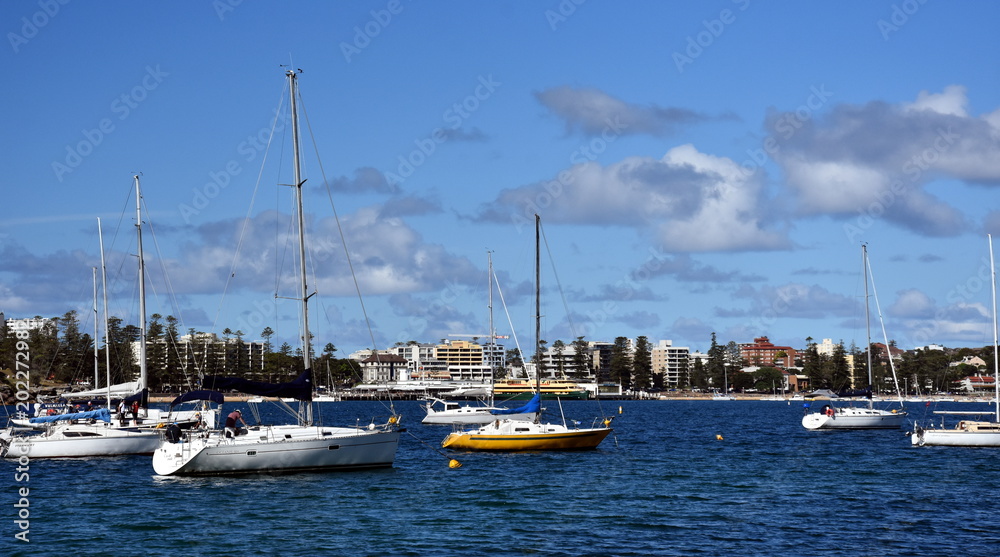 Balgowlah, Australia - Feb 4, 2018. Yachts in North Harbour at Fourty Baskets Beach on a sunny day. Manly in the background.