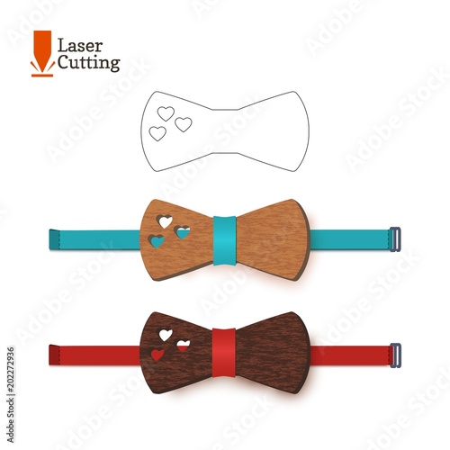 Laser cut bow-tie template with hearts. Vector silhouette for cutting a bow tie on a lathe made of wood, metal, plastic. The idea of design of a stylish romantic accessory