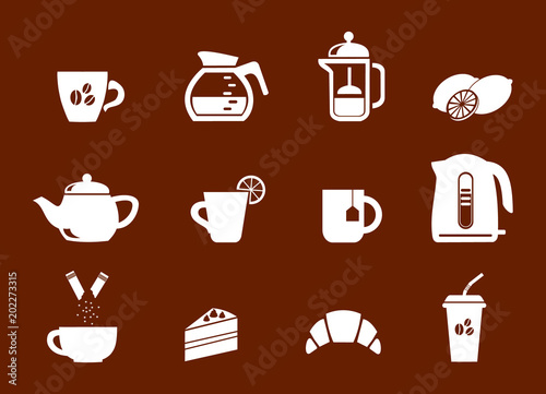 Tea and coffee. Set of linear icons for coffeeshop.