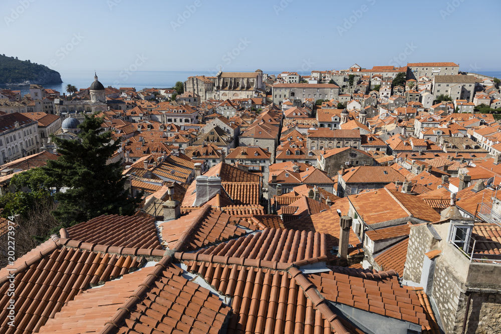 Breathtaking view of Dubrovnik with its historic center and red roofs in the morning in summer