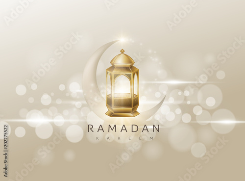 Ramadan Kareem premium glowing gold arabic lamp design card background . Vector illustration.