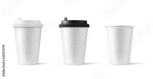 Set of realistic blank mock up paper cups with plastic lid. Coffee to go, take out mug. Vector illustration isolated and can be use for any backgrounds. EPS10.