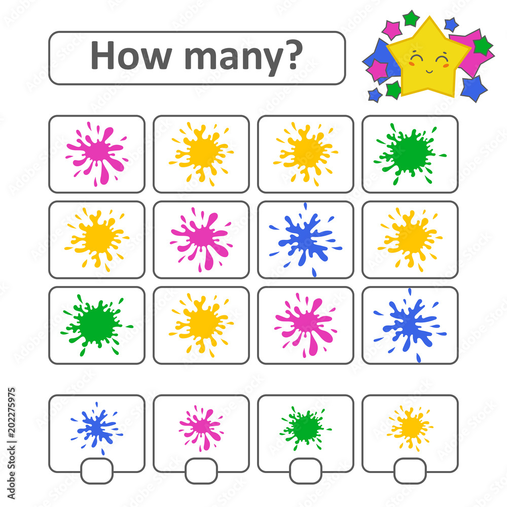 Counting game for preschool children. Count as many spots on the picture and write down the result. With a place for answers. Simple flat isolated vector illustration. Counting game for preschool children. Count as many spots on the picture and write down the result. With a place for answers. Simple flat isolated vector illustration.
