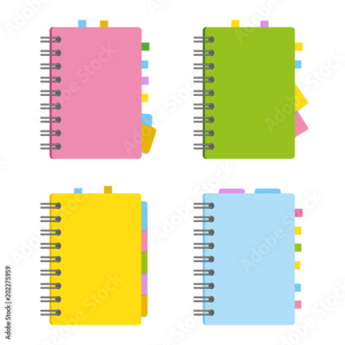 Closed notebook, personal diary on a spiral with bookmarks and paper for notes. A set of four options with bright, attractive covers. Colorful flat vector illustration isolated on white background.