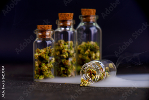 Detail of assorted jars with cannabis calyxes (sour tangie strain) isolated on black