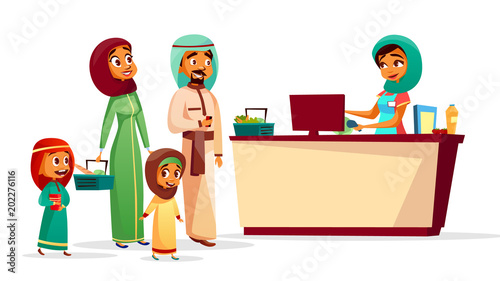 Muslim family at checkout counter vector illustration of Saudi Arabian man and woman in khaliji, hijab with children and supermarket shopping baskets. Muslim cashier scanning purchase barcode