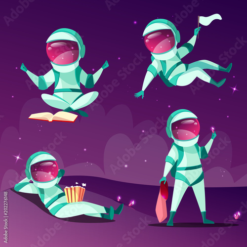Astronauts in weightlessness vector illustration. Cartoon astronauts or cosmonauts in zero gravity on planet surface reading book, eating popcorn or flying for fun and exploring cosmic space