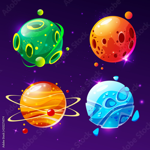 Vector cartoon fantastic planet, worlds asteroid set. Cosmic, alien space element for game design. Illustration with fire galaxy volcanic craters, satellit rings, ice frozen, poisonos comet and planet