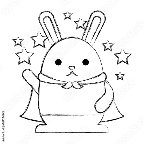 kawaii cute bunny with cape and stars vector illustration sketch