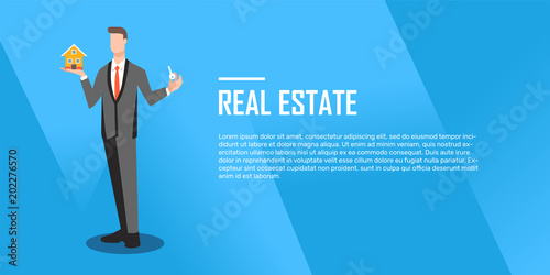 Realtor holds a key in hand and small house flat, illustration, vector
