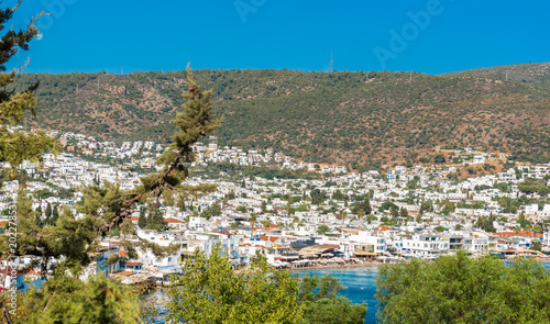 View of Mosque minaret Aerial view of  Bodrum harbor