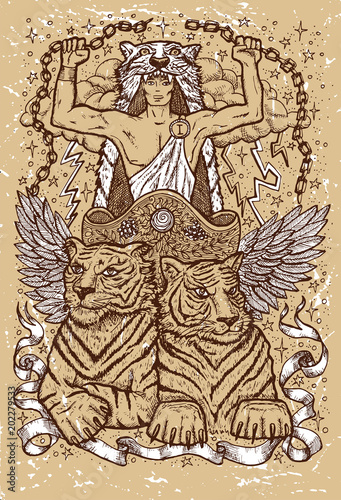 Tiger symbol on old texture background. Chariot with athletic man, tiger beasts and mystic signs. Fantasy engraved illustration. Zodiac animals of eastern calendar, mysterious concept