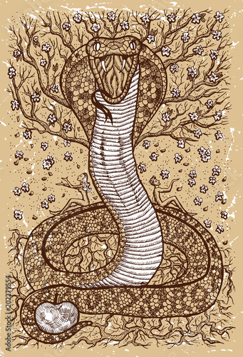 Snake symbol with Eve, Adam, tree of knowledge and flowers on old texture background. Fantasy engraved illustration. Zodiac animals of eastern calendar, mysterious concept