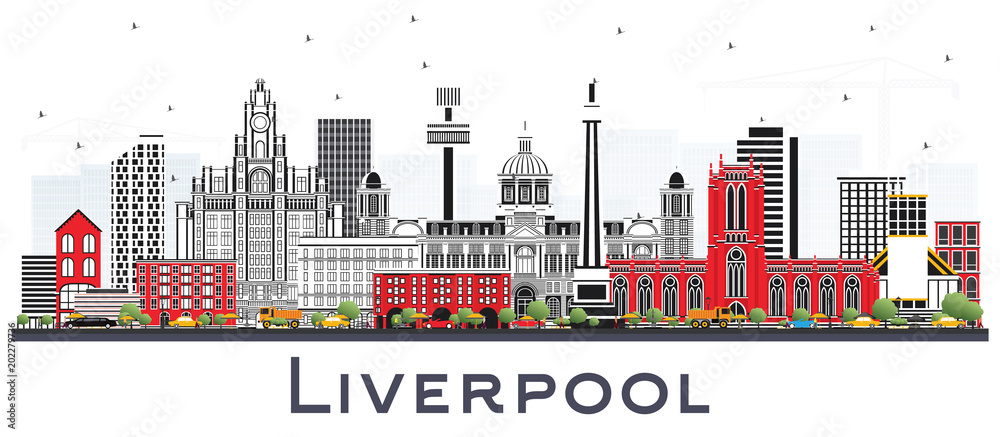 Liverpool Skyline with Color Buildings Isolated on White.