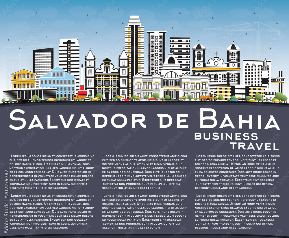 Salvador de Bahia City Skyline with Color Buildings, Blue Sky and Copy Space.