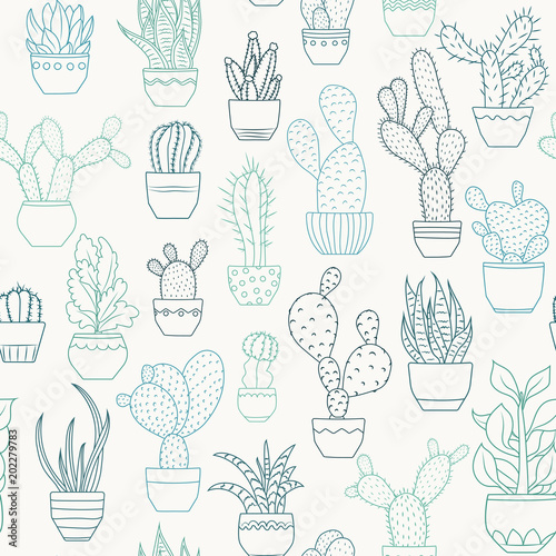 Exotic cactus succulent flowers species. Potted houseplants seamless pattern texture. Dark blue turquoise outline sketch doodle drawing on beige background. Vector design illustration.