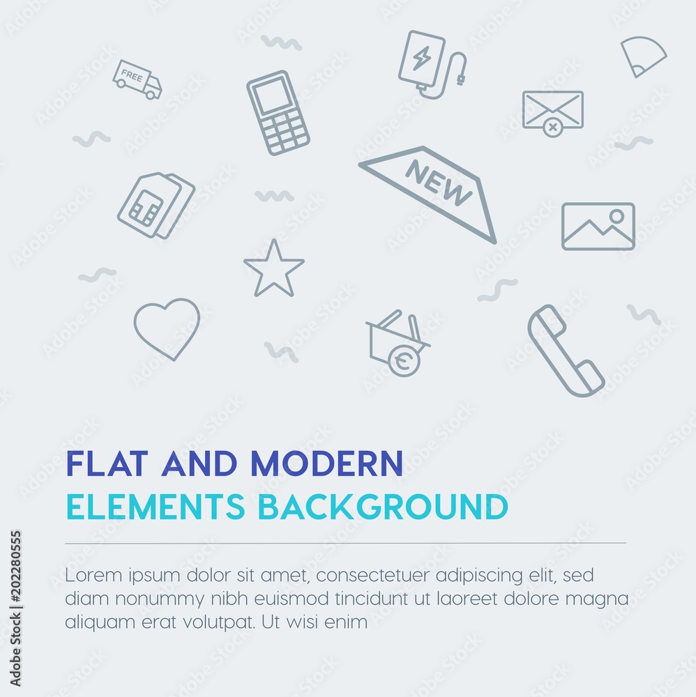 mobile, email, shopping outline vector icons and elements background concept on grey background.Multipurpose use on websites, presentations, brochures and more