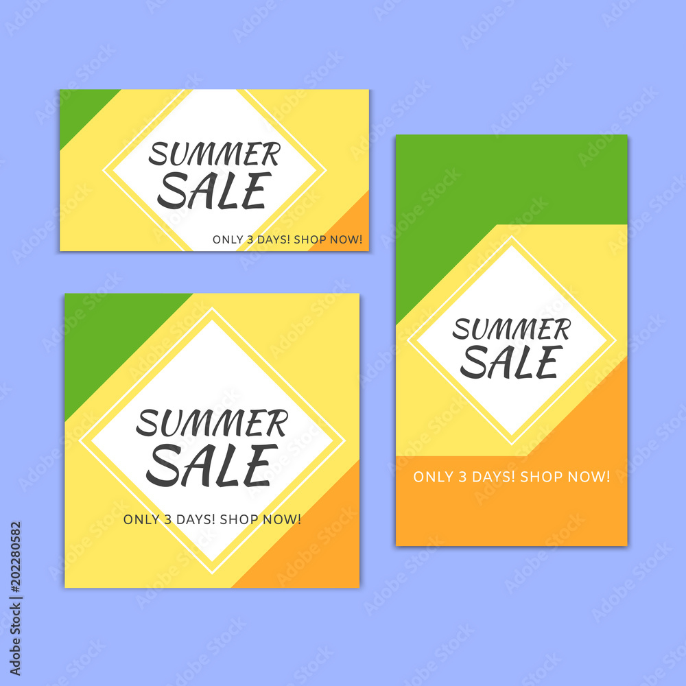 Collection of summer square, vertical and horizontal banners vector. Modern geometric social media templates. Background for bloggers posts, beach party card or vacation travel flyer.