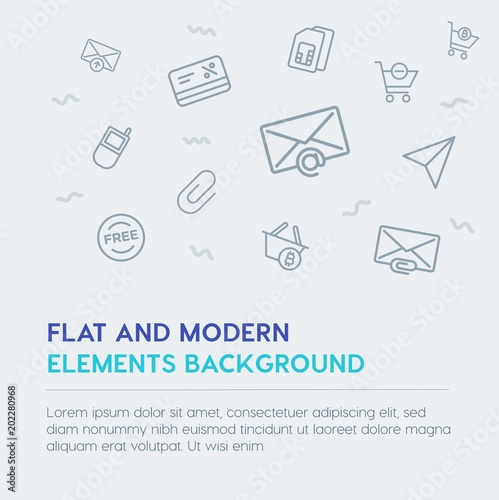 mobile, email, shopping outline vector icons and elements background concept on grey background.Multipurpose use on websites, presentations, brochures and more