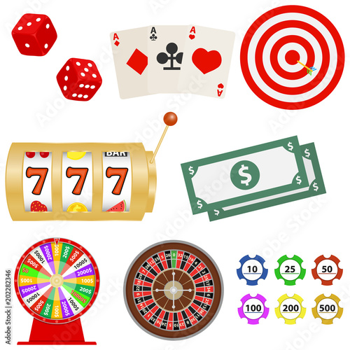Gambling, gaming set gambling. Casino, wheel of luck, darts, dice.
