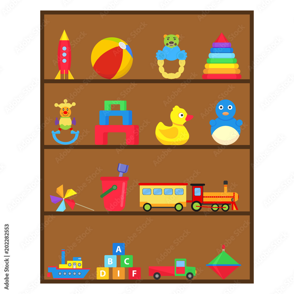 Fototapeta premium Children's toys, a set of children's toys on the shelf.