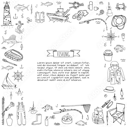 Hand drawn doodle Fishing icons set. Vector illustration. Cartoon catching fish equipment elements collection: Rod, Baits, Spinning, Lure, Inflatable Boat, Yacht, Lighthouse, Cloth, Safety jacket.
