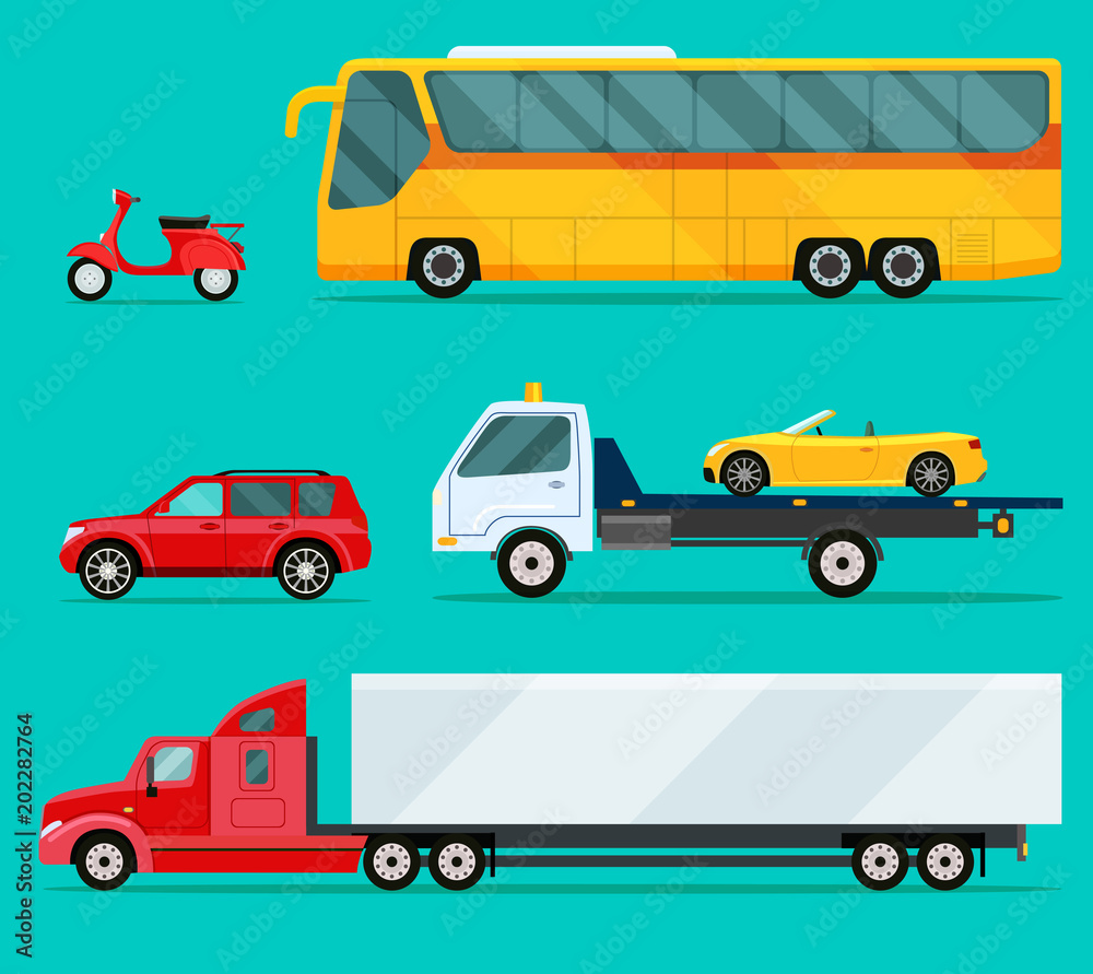 City cars and vehicles transport. Transportation icons set. Vector flat style illustration