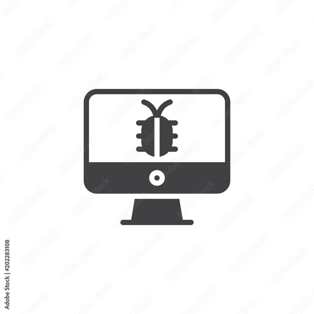 Computer monitor with virus bug vector icon. filled flat sign for mobile concept and web design. Infected computer display simple solid icon. Symbol, logo illustration. Pixel perfect vector graphics