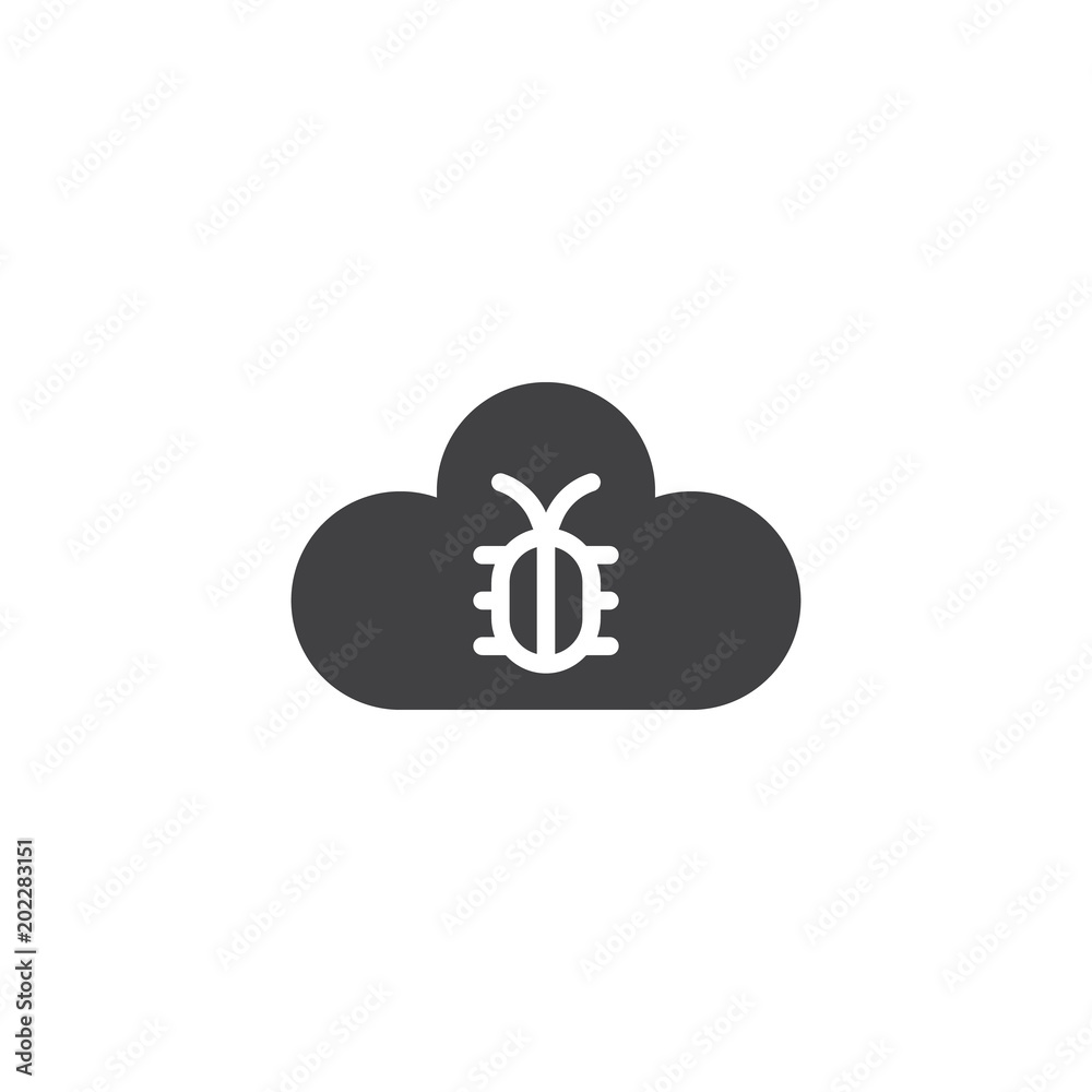 Cloud computing with virus bug vector icon. filled flat sign for mobile concept and web design. Hacking and cyber crime simple solid icon. Symbol, logo illustration. Pixel perfect vector graphics Cloud computing with virus bug vector icon. filled flat sign for mobile concept and web design. Hacking and cyber crime simple solid icon. Symbol, logo illustration. Pixel perfect vector graphics