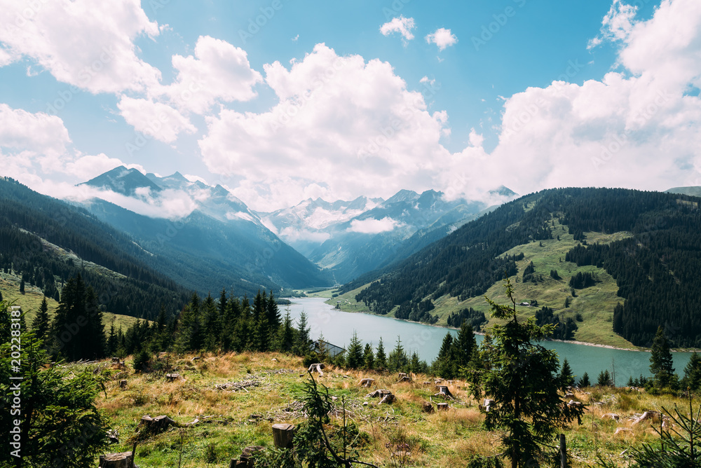 Scenic view of lake and valley in Austrian Alps