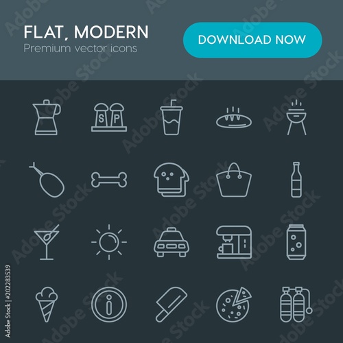 Modern Simple Set of food, drinks, travel Vector outline Icons. Contains such Icons as  soda,  steel,  sea,  meat, salt, sweet,  maker, axe and more on dark background. Fully Editable. Pixel Perfect
