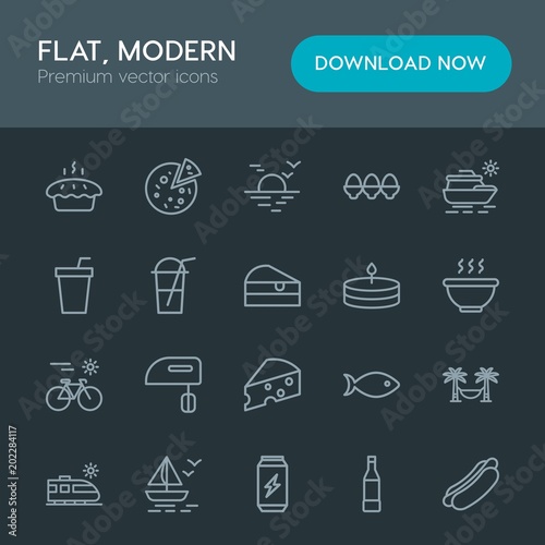 Modern Simple Set of food, drinks, travel Vector outline Icons. Contains such Icons as beach, relax, sausage, bottle, food, easter, sail and more on dark background. Fully Editable. Pixel Perfect