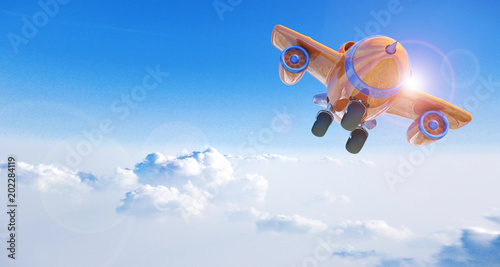 Cartoon airplane flying above clouds, 3D rendering 