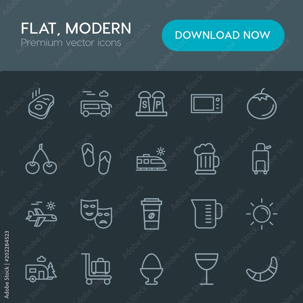 Modern Simple Set of food, drinks, travel Vector outline Icons. Contains such Icons as  spice,  vacation,  white,  delicious,  baggage, sun and more on dark background. Fully Editable. Pixel Perfect