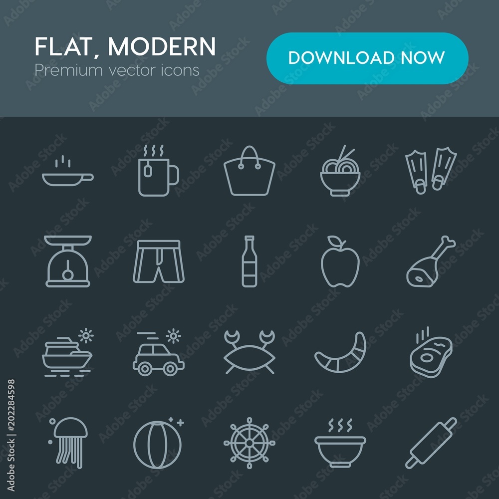 Modern Simple Set of food, drinks, travel Vector outline Icons. Contains such Icons as bag, soup, food, sea, bowl, animal, summer, wheel and more on dark background. Fully Editable. Pixel Perfect Modern Simple Set of food, drinks, travel Vector outline Icons. Contains such Icons as bag, soup, food, sea, bowl, animal, summer, wheel and more on dark background. Fully Editable. Pixel Perfect