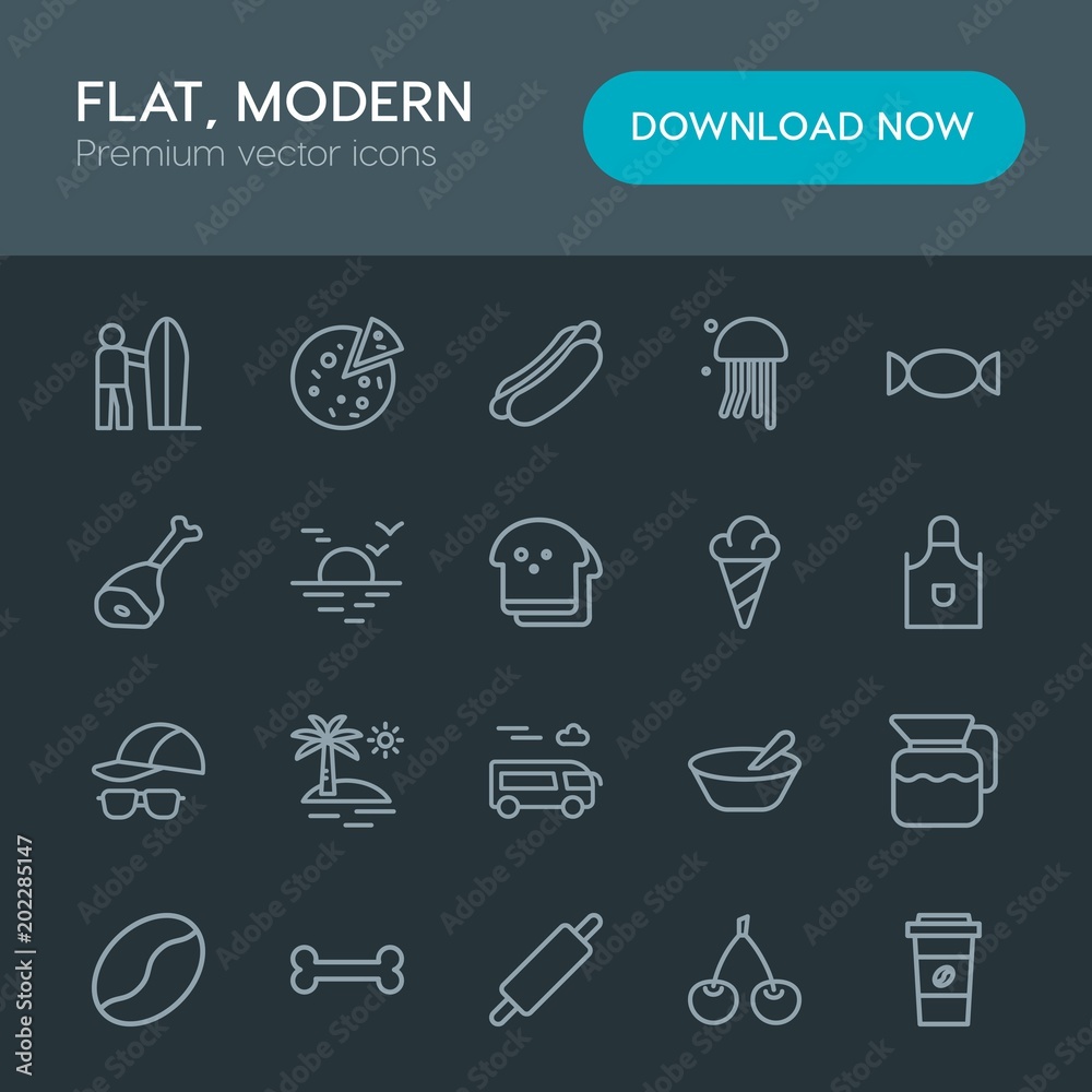 Modern Simple Set of food, drinks, travel Vector outline Icons. Contains such Icons as cup, beautiful, surf, food, bakery, surfer, brown and more on dark background. Fully Editable. Pixel Perfect Modern Simple Set of food, drinks, travel Vector outline Icons. Contains such Icons as cup, beautiful, surf, food, bakery, surfer, brown and more on dark background. Fully Editable. Pixel Perfect