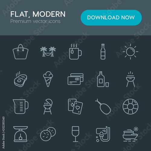 Modern Simple Set of food, drinks, travel Vector outline Icons. Contains such Icons as scuba, hammock, cookie, relax, vacation, help, cup and more on dark background. Fully Editable. Pixel Perfect