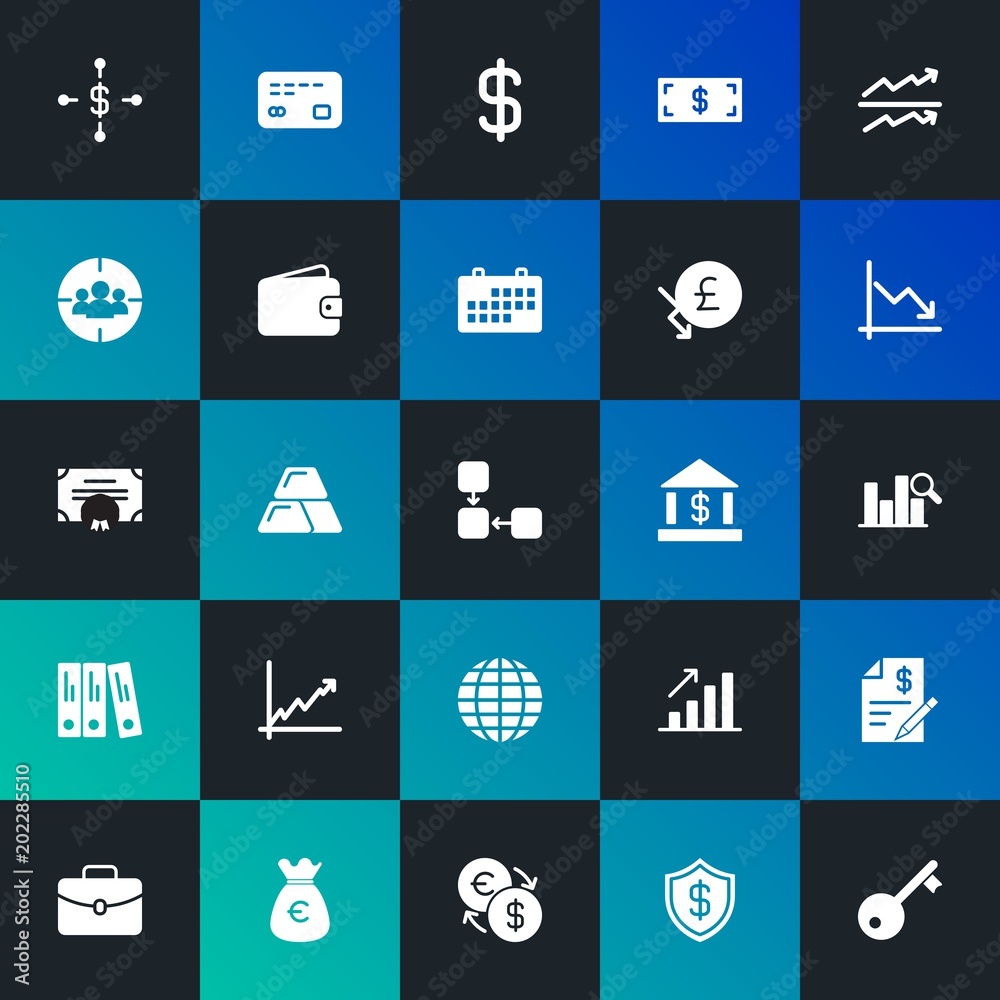Modern Simple Set of business, money, charts Vector fill Icons. Contains such Icons as  home,  money,  security, suitcase, bag and more on dark and gradient background. Fully Editable. Pixel Perfect.