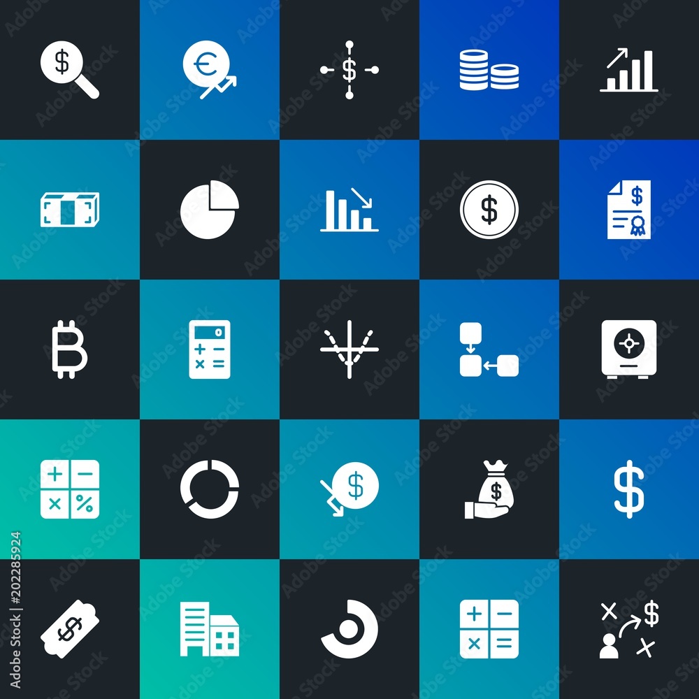 Modern Simple Set of business, money, charts Vector fill Icons. Contains such Icons as  graphic,  success,  business, money and more on dark and gradient background. Fully Editable. Pixel Perfect.