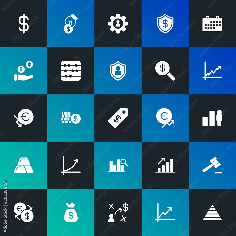 Modern Simple Set of business, money, charts Vector fill Icons. Contains such Icons as  chart, euro,  dollar, money,  usd, law and more on dark and gradient background. Fully Editable. Pixel Perfect.