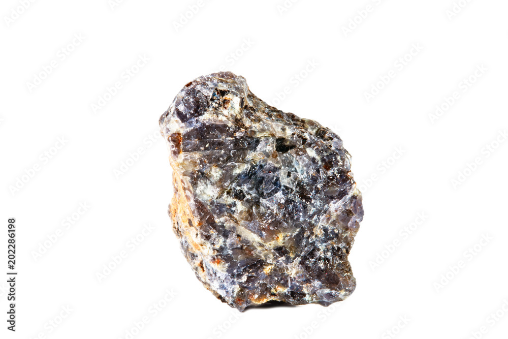 Macro shooting of natural gemstone. Raw mineral Labrador. Isolated object on a white background.